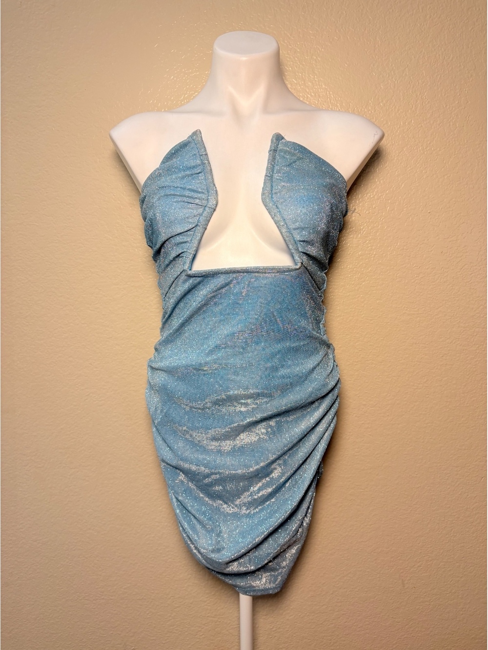 Fashion Nova Blue Shimmer Ruched Strapless Bodycon Dress Sexy Statement #13